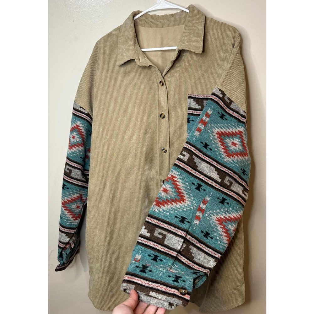 Unbranded Tan Corduroy Shacket Aztec Southwestern Print‎ Sleeves Plus Size 2XL - Picture 2 of 5